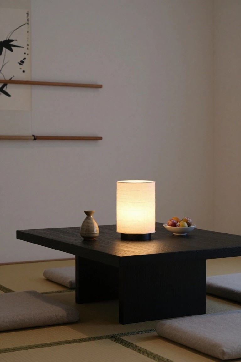A black square low table on tatami mats in a sparse room, topped with a lit cylindrical white paper lampshade, tan ceramic vase, and white bowl of assorted fruit, gray cushions nearby, wooden wall rack and ink painting in background.