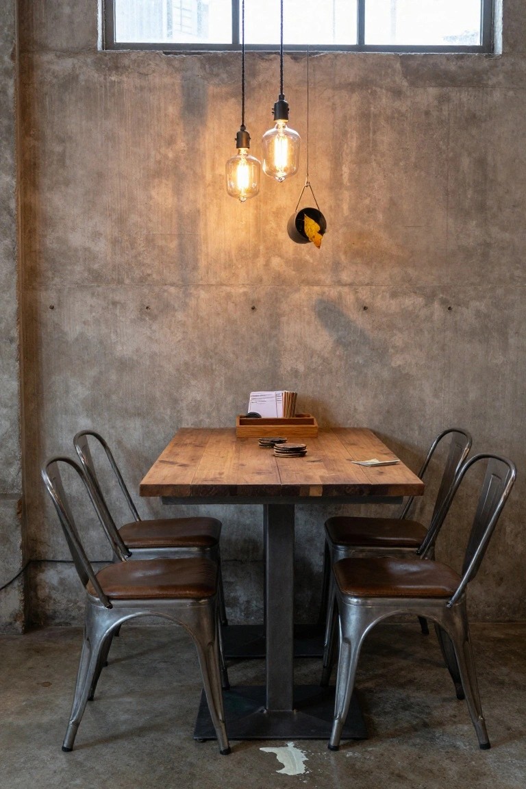 A rectangular wooden dining table with four brown leather metal chairs in a room with exposed concrete walls, lit by three hanging pendant lamps featuring exposed bulbs and a black metal container with a yellow leaf above the table.