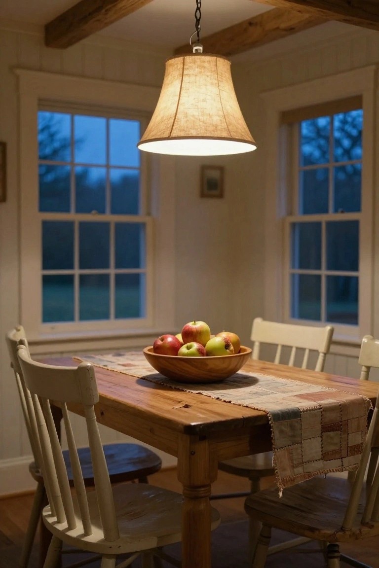 Wooden dining table with a bowl of apples in a wooden bowl, surrounded by white wooden chairs, under a fabric-shaded pendant lamp from a beamed ceiling, in a white-walled room with large windows showing dusk outside.
