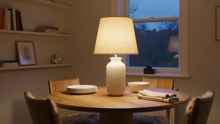 20 Charming Dining Table Lamp Inspirations For Soft Evening Light A white ceramic table lamp with pleated fabric shade centered on a round oak dining table set with white plates and a napkin, surrounded by wooden chairs with sheepskin cushions in a beige room with bookshelves and a large window at dusk.