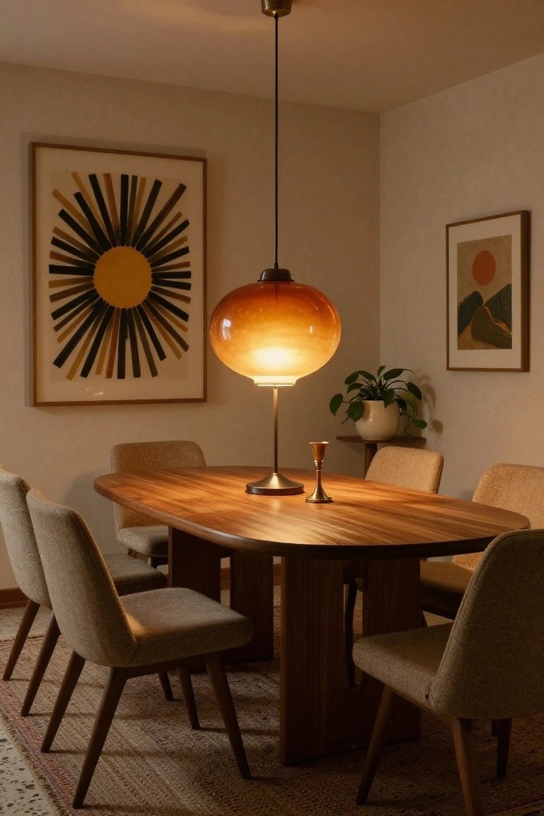 Oval wooden dining table with upholstered chairs in a beige-walled room, lit by a large amber glass globe pendant lamp hanging centrally, flanked by brass candlesticks, abstract wall art, and a potted plant.