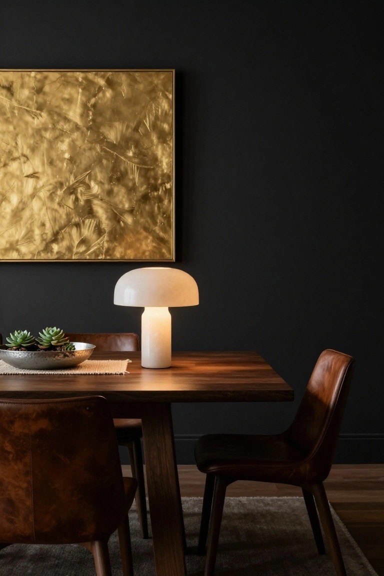 White mushroom-shaped table lamp on a wooden dining table with brown leather chairs, a hammered metal bowl of succulents on a woven placemat, and a large textured gold painting on a dark wall.