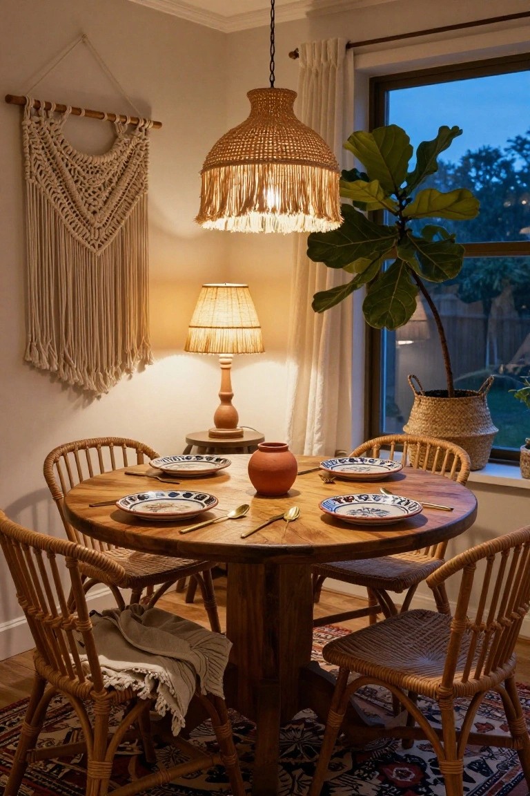 Cozy dining room with round wooden table set for two, rattan chairs, woven pendant lamp overhead, rattan-shade table lamp on stool, macrame wall hanging, potted plants, and large window showing evening yard.