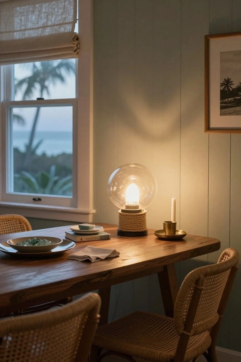 Wooden dining table with rope-based glass globe lamp, candle holder, plates of food, napkin, books, and rattan chairs in a room with sage green walls and window view of ocean and palms at dusk.