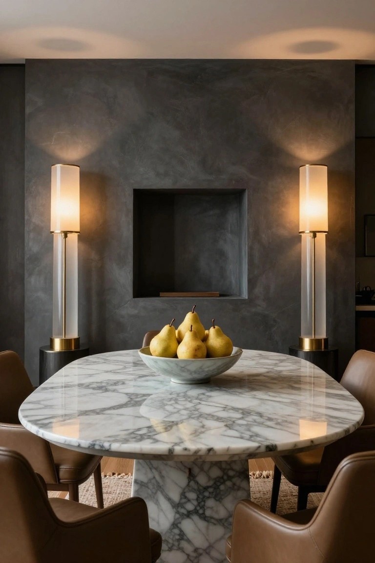 Oval white marble dining table with brown leather chairs, a white bowl of yellow pears at center, flanked by two tall floor lamps with clear glass columns, gold bases, and white fabric shades against a dark textured wall with recessed niche and wall lights.