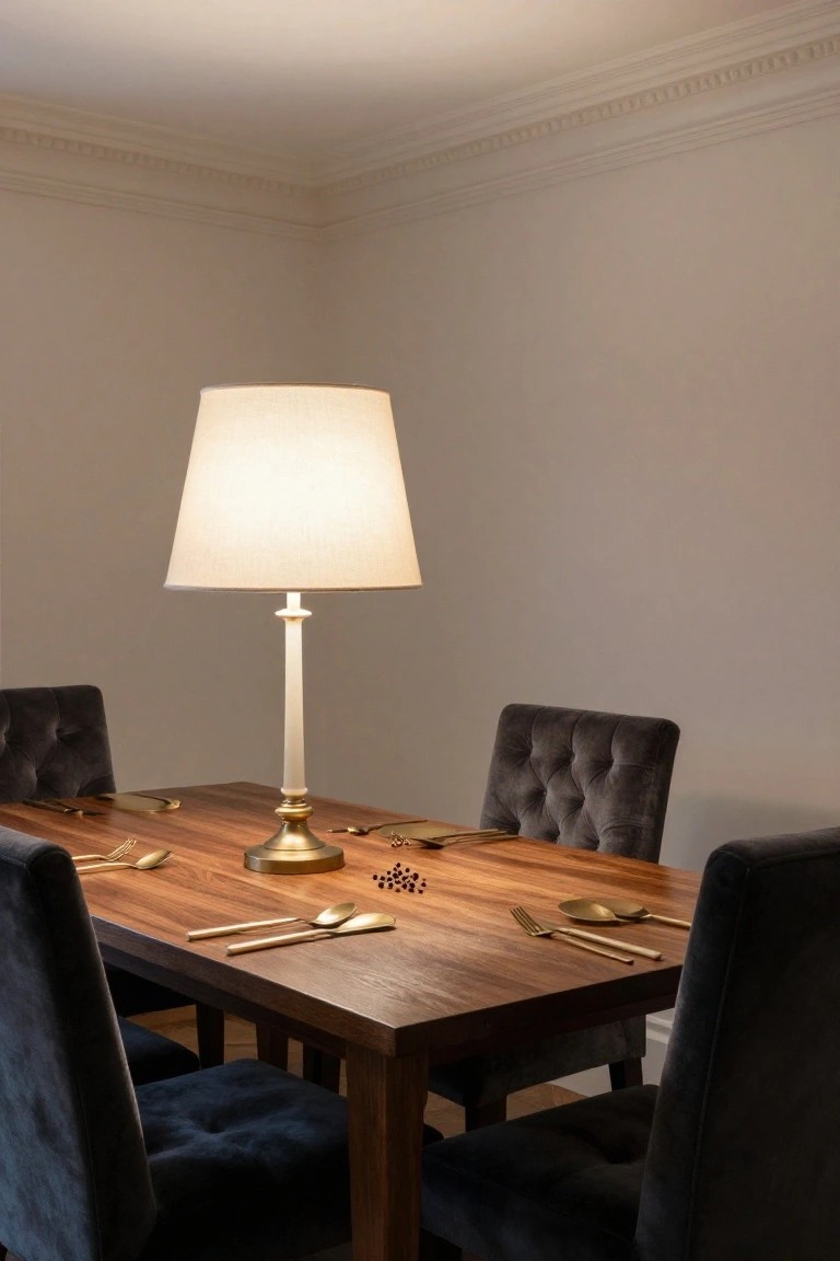 A tall table lamp with white fabric shade and gold base centered on a wooden dining table set with gold utensils and plates, surrounded by four tufted gray velvet chairs in a light-walled room.