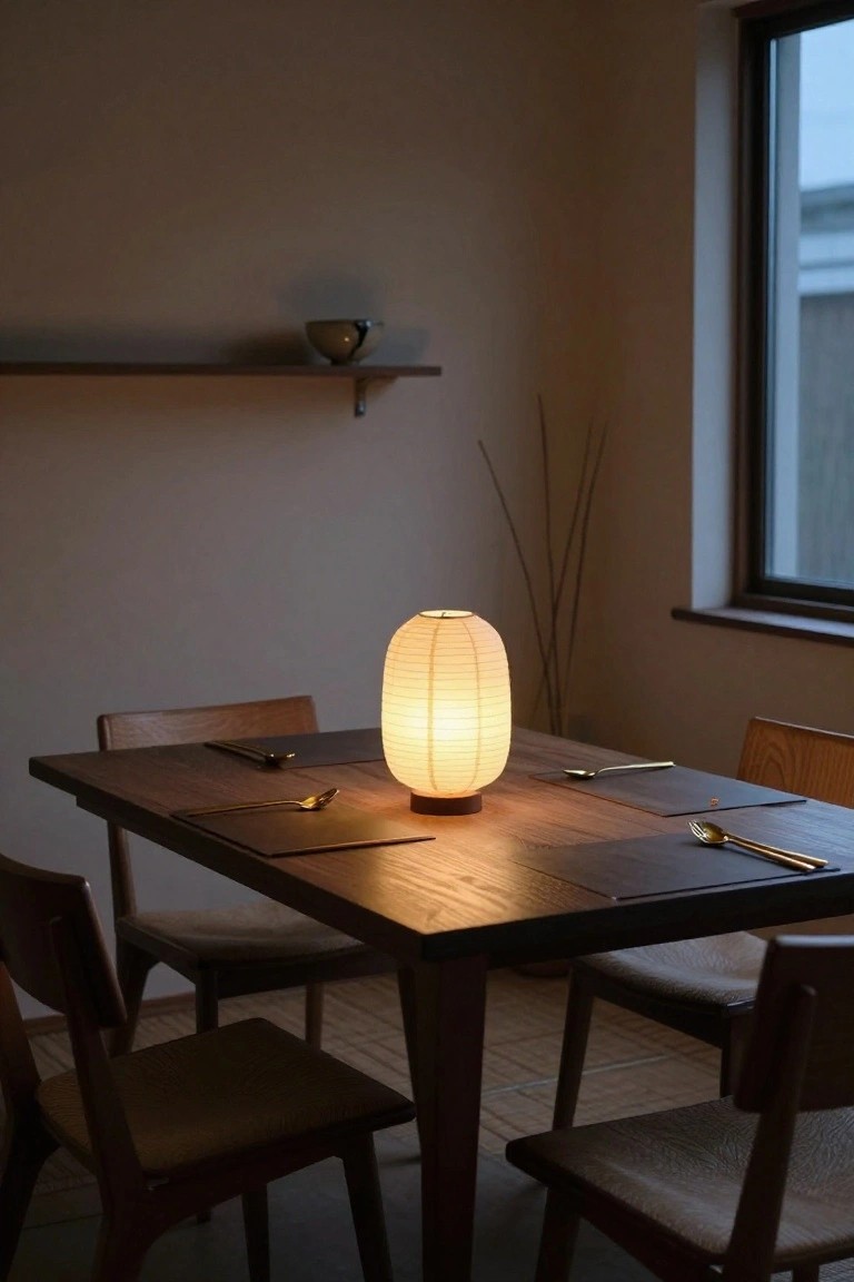 A tall white pleated paper lantern lamp on a wooden dining table set with placemats, utensils, and spoons, surrounded by wooden chairs in a minimalist beige room with a shelf holding a ceramic bowl and tall reeds near a window.