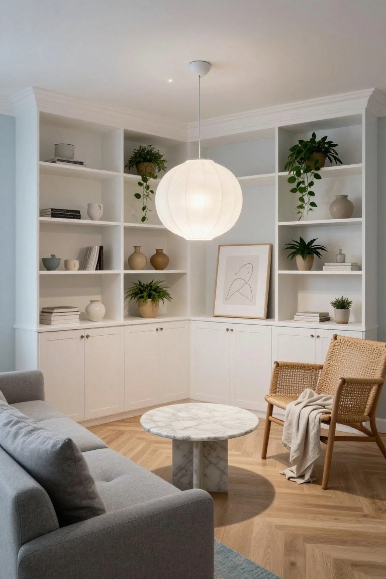 Living room corner with white built-in bookshelves stocked with books, ceramics, and plants, large white paper lantern pendant light hanging centrally, gray sofa, rattan armchair with throw blanket, round marble pedestal table, and herringbone oak floor.