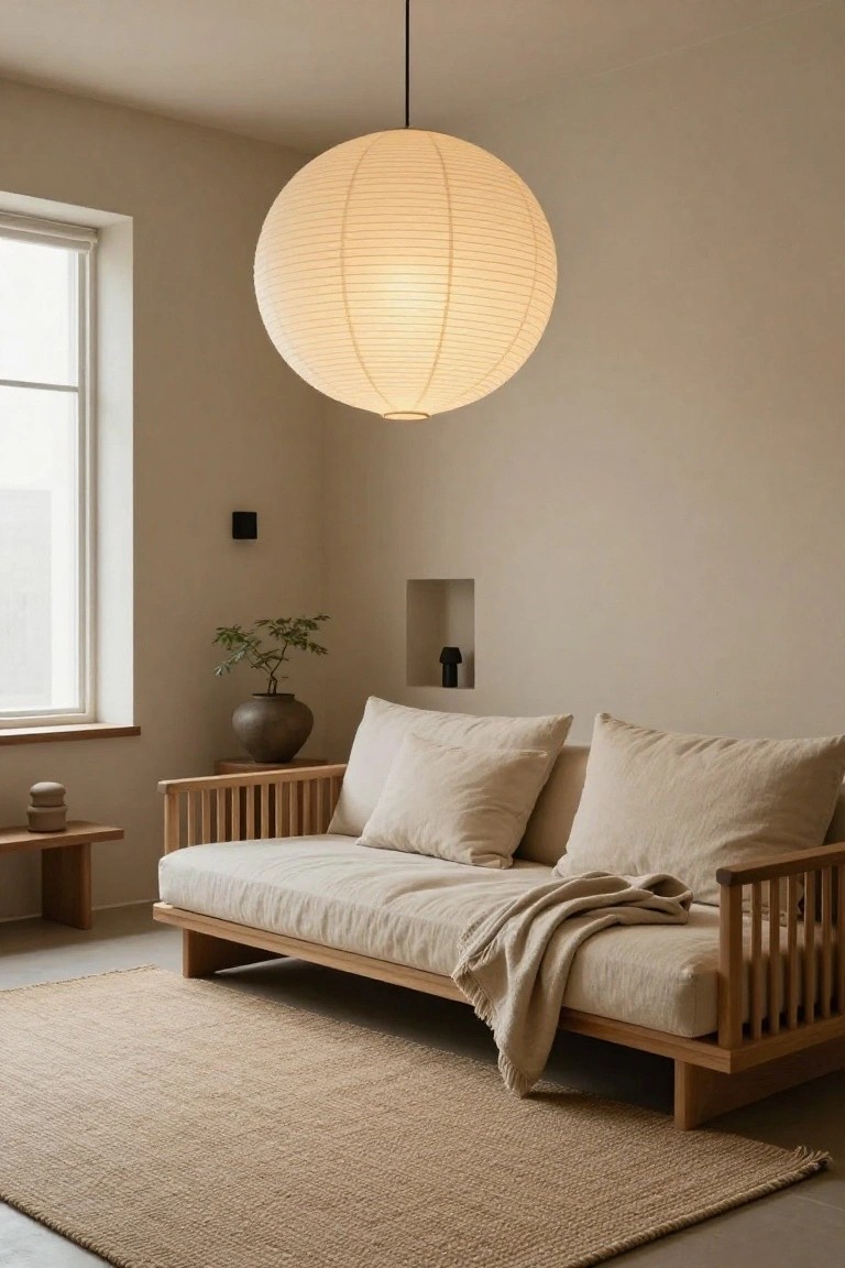 A neutral-toned living room with a large white paper lantern pendant light hanging over a low wooden sofa with beige linen cushions and a throw blanket, next to a window, potted plant, and seagrass rug.