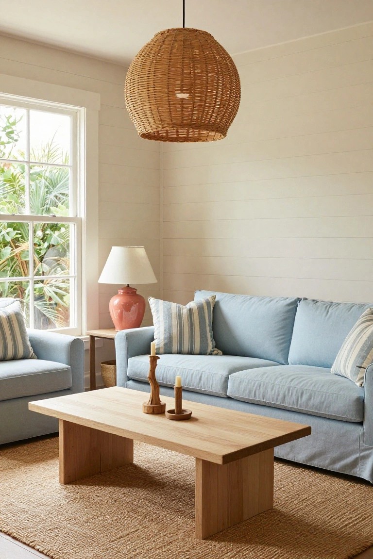 Living room with blue slipcovered sofas and armchair around an oak coffee table, under a large woven pendant light, next to a window with plants outside.