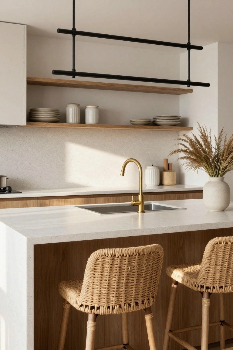 Modern kitchen interior with white quartz island, stainless sink, gold gooseneck faucet, two rattan bar stools, suspended black linear pendant light, oak cabinets, open wood shelves with dishes and ceramics, and pampas grass in a vase.