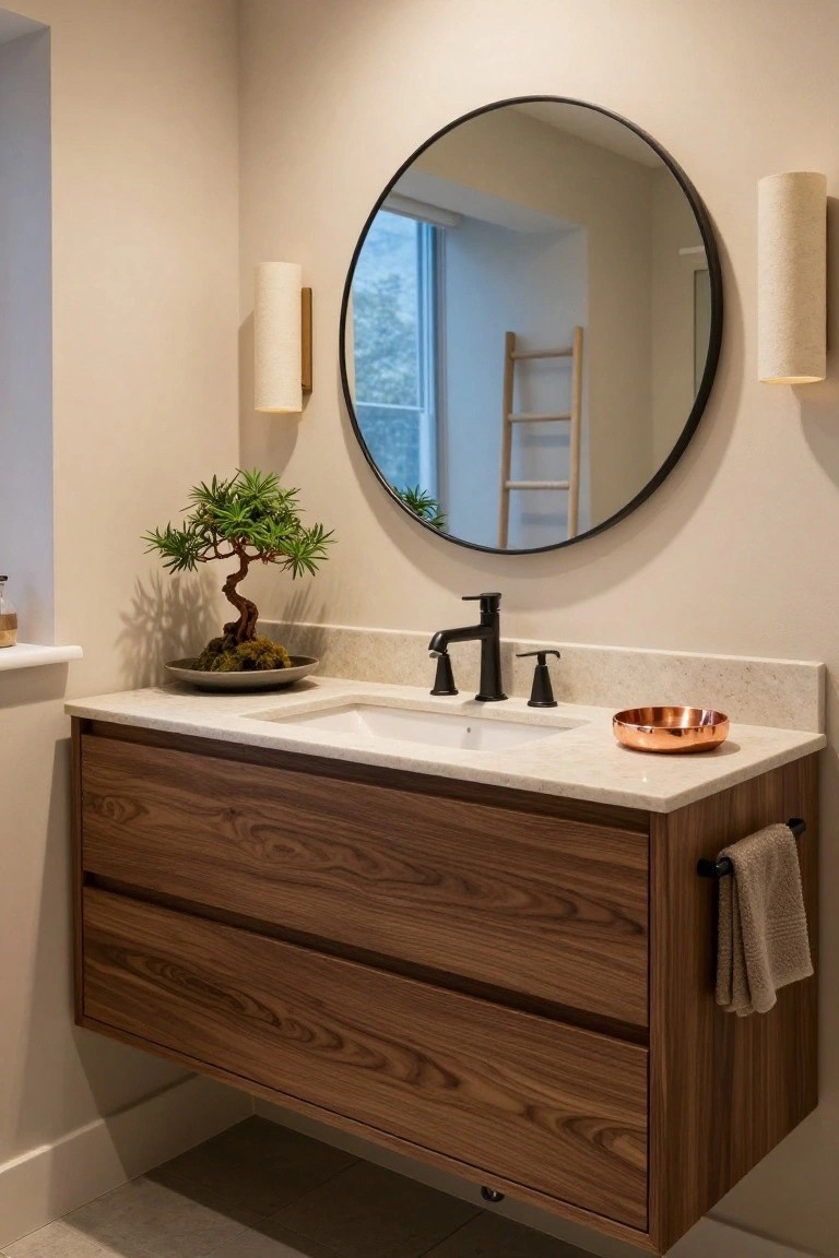 Modern bathroom vanity with floating walnut wood cabinet, white quartz countertop, black single-handle faucet, bonsai tree in gray pot, round black-framed mirror flanked by two white cylindrical fabric sconces, copper bowl, and folded towel on cabinet side.