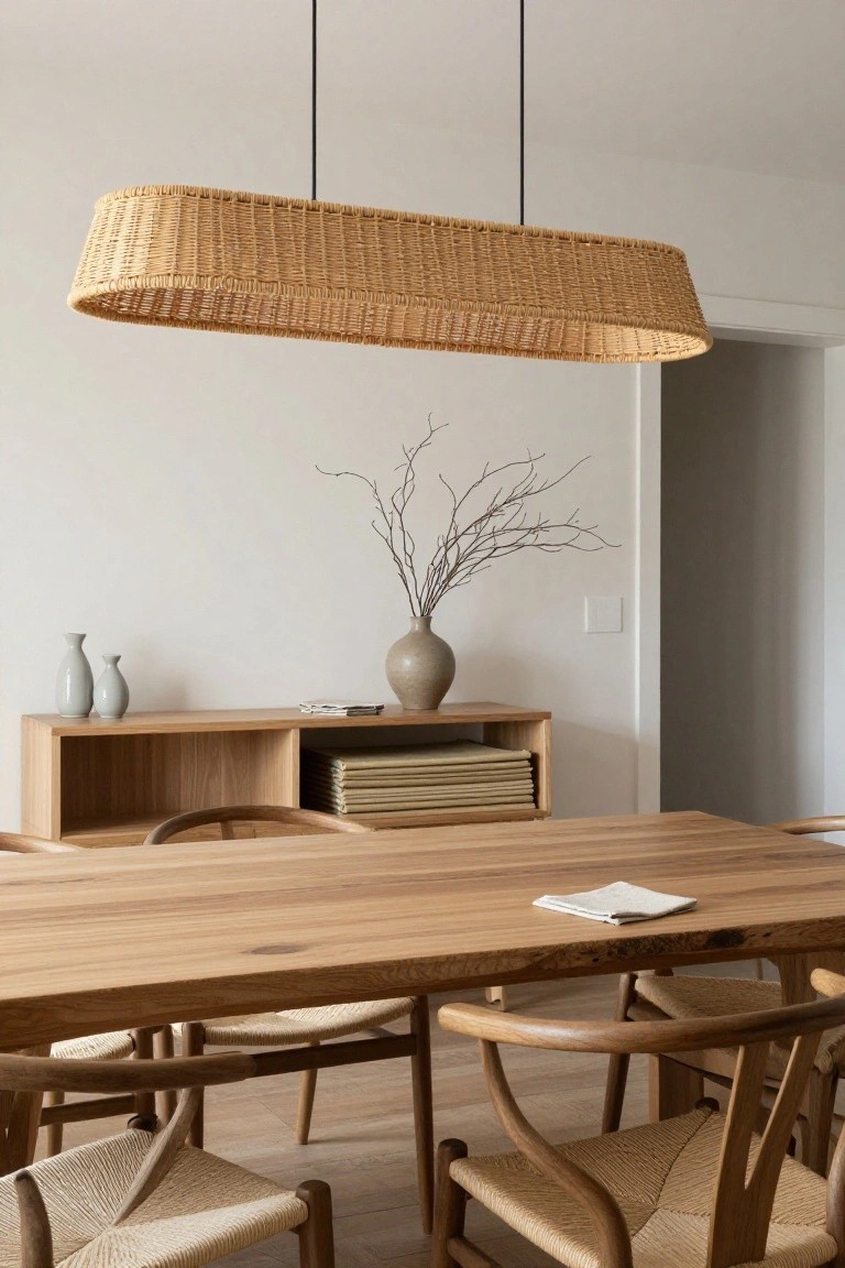 Long beige woven pendant light suspended above a rectangular live-edge oak dining table with four rattan chairs, wooden sideboard holding gray vases and beige linens against a white wall in a minimalist room.