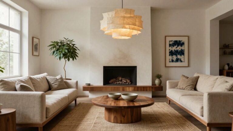 Beige folded paper pendant lamp with multiple layered shades hanging centrally over a round walnut coffee table in a light-colored living room featuring a white fireplace, beige sofa, and potted plant.