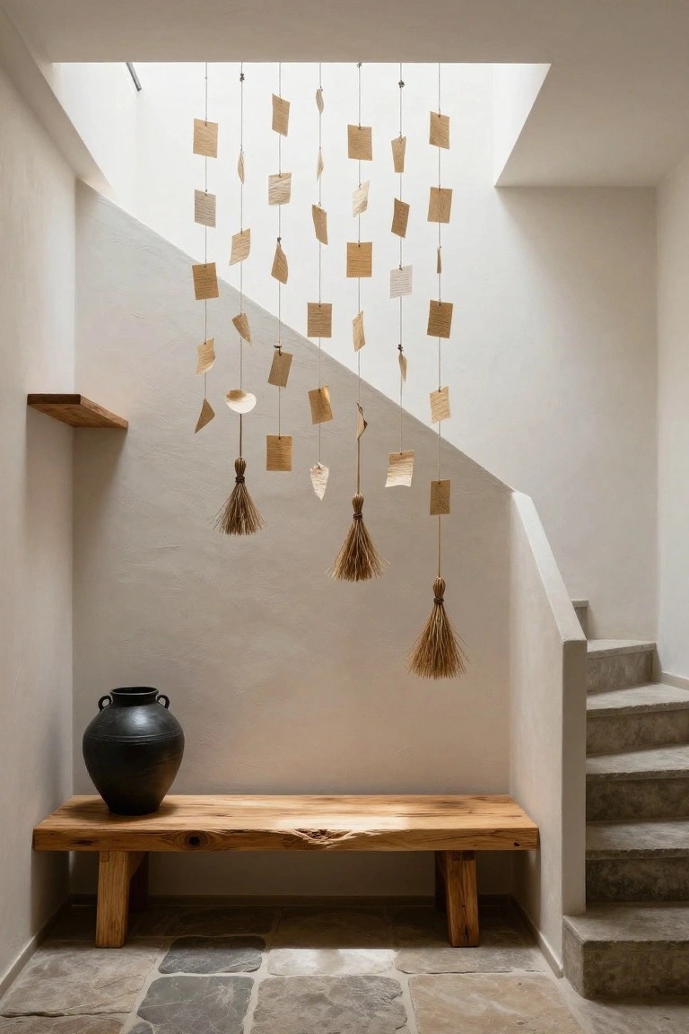 White interior stairwell with concrete steps, wooden shelf, live-edge bench with black vase, stone floor, and strings of beige paper squares and broom tassels hanging from skylight.