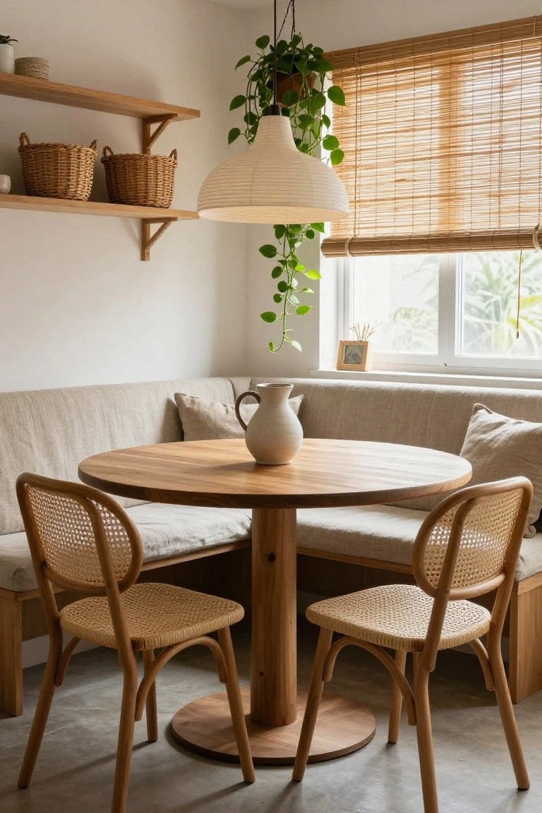 Cozy indoor dining nook featuring a round wooden pedestal table, two rattan chairs, a beige linen bench with pillows, large white rice paper lantern pendant light overhead, wooden shelves with woven baskets, potted plants, white jug on table, and bamboo blinds on window overlooking palms.