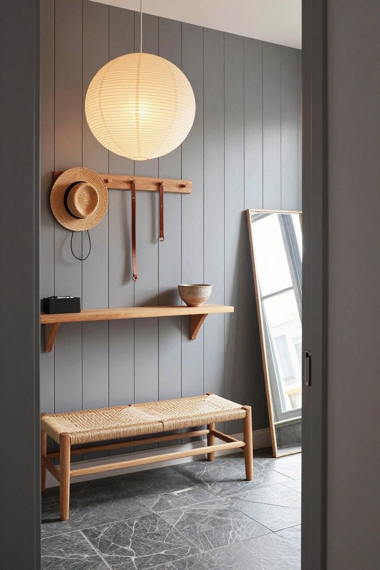Gray wood-paneled entryway with a large hanging white paper lantern light, wooden shelf holding a black box and ceramic bowl, hat on hooks with leather straps, tall slim gold-framed mirror, and rattan bench on dark veined tile floor.