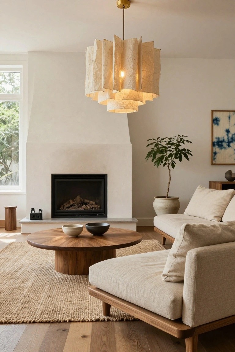 Beige folded paper pendant lamp with multiple layered shades hanging centrally over a round walnut coffee table in a light-colored living room featuring a white fireplace, beige sofa, and potted plant.