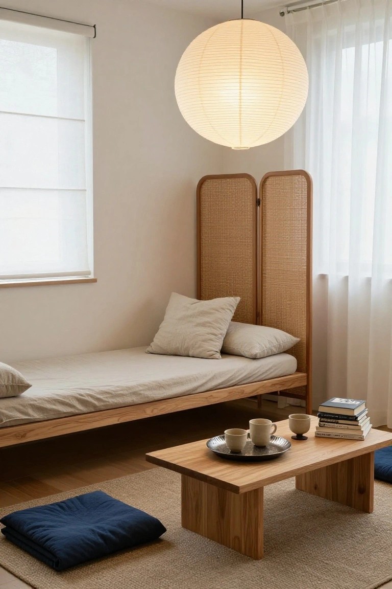 Minimalist Japanese-style room with low wooden bed, paper lantern, and woven screen.