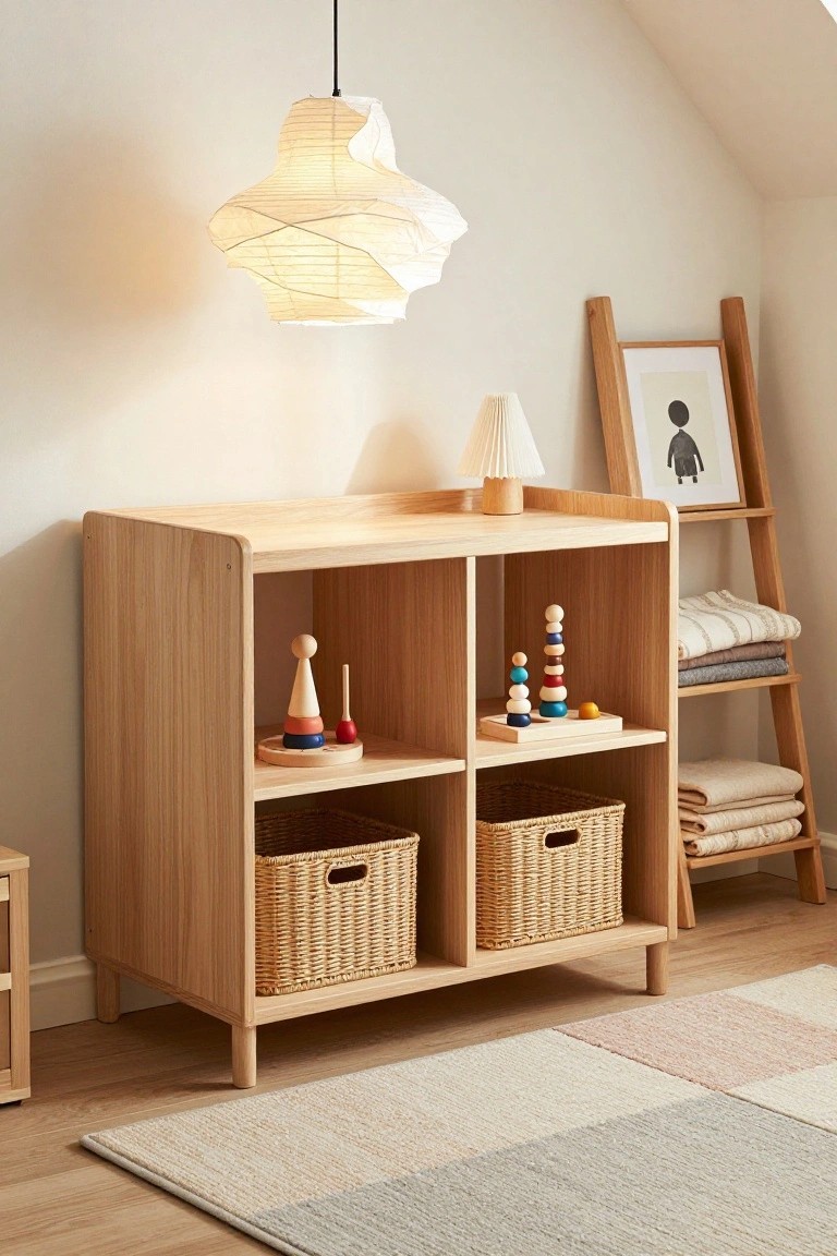 Wooden toy storage unit with woven baskets and colorful stacking toys.