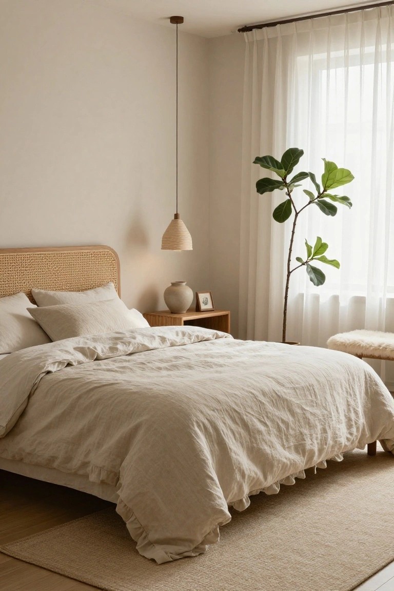 Beige bedroom interior with a rattan headboard bed covered in white linen bedding and pillows, wooden nightstand holding a ceramic vase and framed art, tall fiddle leaf fig plant near sheer curtained window, hanging rattan-shade pendant light, sheepskin bench, and seagrass rug on light wood floor.