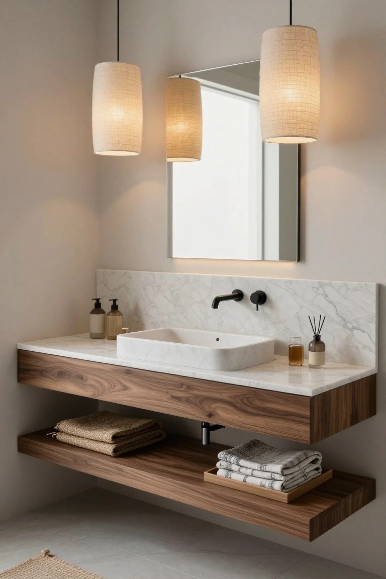 Modern bathroom vanity in walnut wood with white marble countertop and sink, black faucet, hanging cylindrical fabric pendant lights, marble backsplash, mirror, shelves with towels, and reed diffuser bottles.