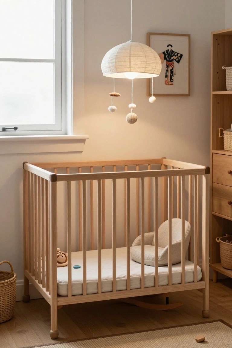 Wooden crib with mattress and pillow in a nursery under a white paper lantern pendant light with dangling felt balls, next to wooden dresser and shelves, neutral room with window and Japanese art print.