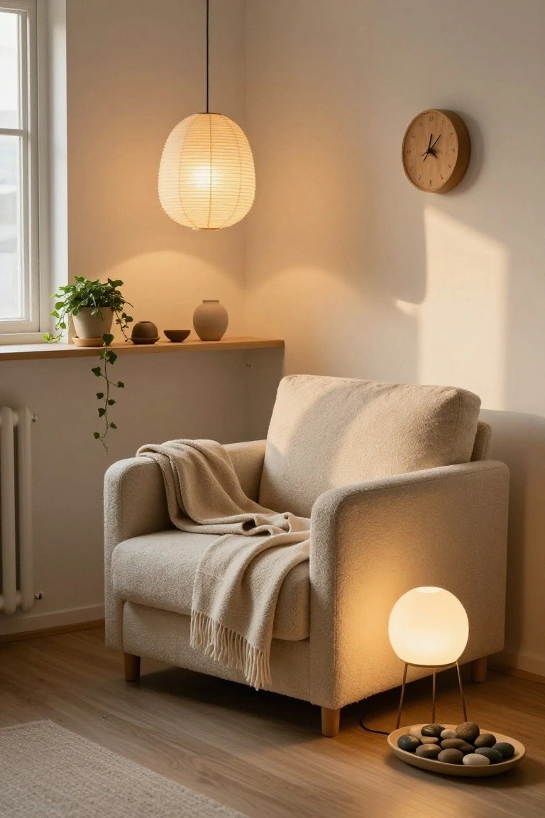 Beige bouclé armchair with cream throw blanket in a light corner room, lit by hanging rice paper lantern overhead and white globe floor lamp beside it, ivy plant and ceramics on wood shelf, wooden clock on wall, dish of stones on wood floor.