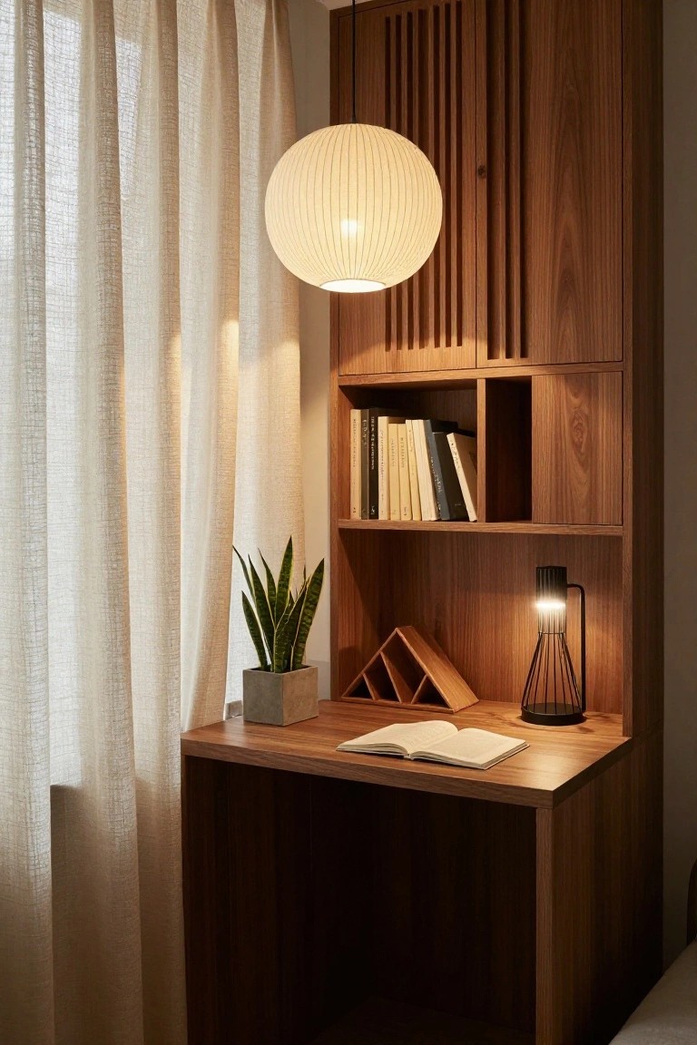Wooden built-in shelving and desk unit with open books, a potted snake plant, pen holder, and notebook on the desk surface, illuminated by a large white textured pendant lamp overhead and a black metal task lamp nearby, sheer curtains on window in background.