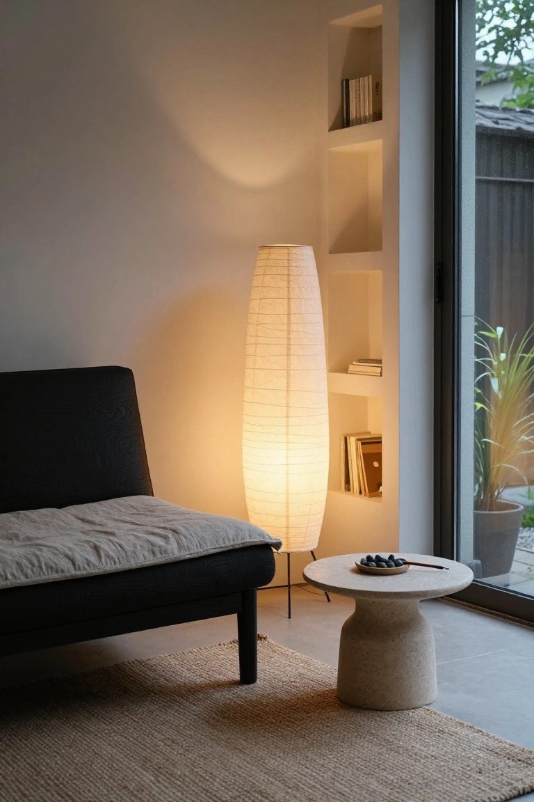 Minimalist bedroom corner with black sofa bed covered in beige linen, tall white cylindrical rice paper floor lamp, beige stone pedestal side table holding bowl of black plums and chopsticks, built-in shelves with books, seagrass rug, and large window showing plants and garden.