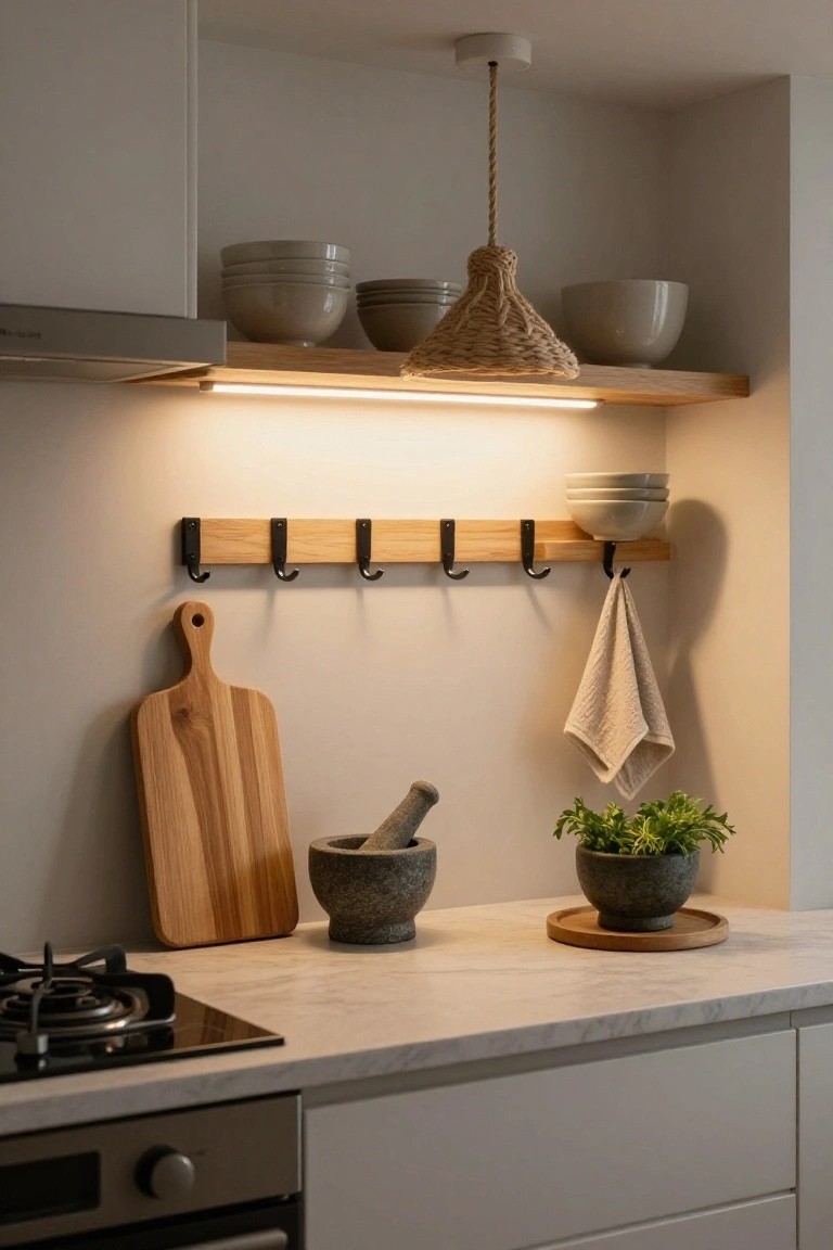 Close-up of a modern Japandi kitchen corner featuring white cabinets, a wooden shelf with stacked white bowls, a rattan pendant lamp, under-shelf LED strip lighting, marble countertop, gas stove, wooden cutting board, stone mortar and pestle, and potted herb plant.