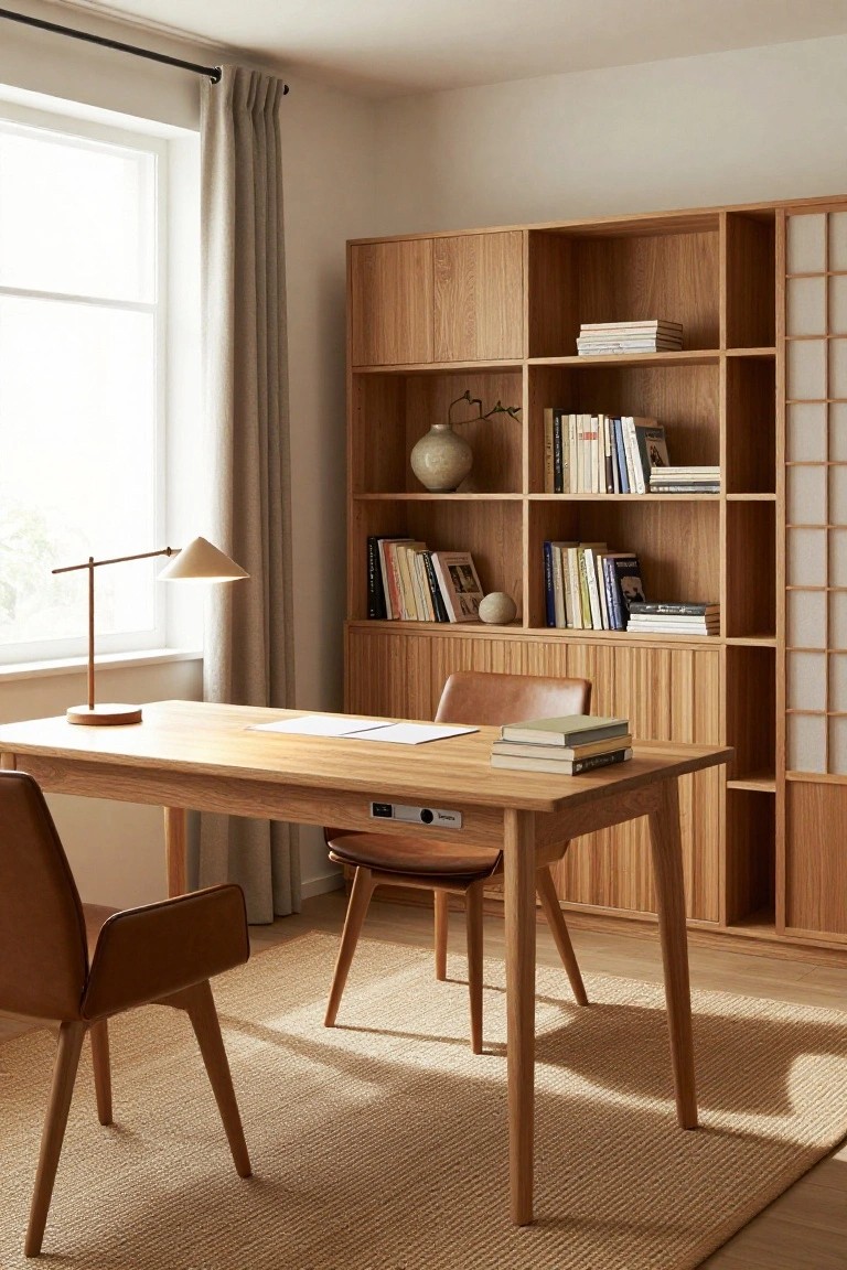 Photo of a light-filled Japandi home office with oak bookshelves holding books and ceramics, a wooden desk with papers and stacked books, two tan leather chairs, a conical beige desk lamp on a wood base, beige curtains on a window, and shoji-style panels.