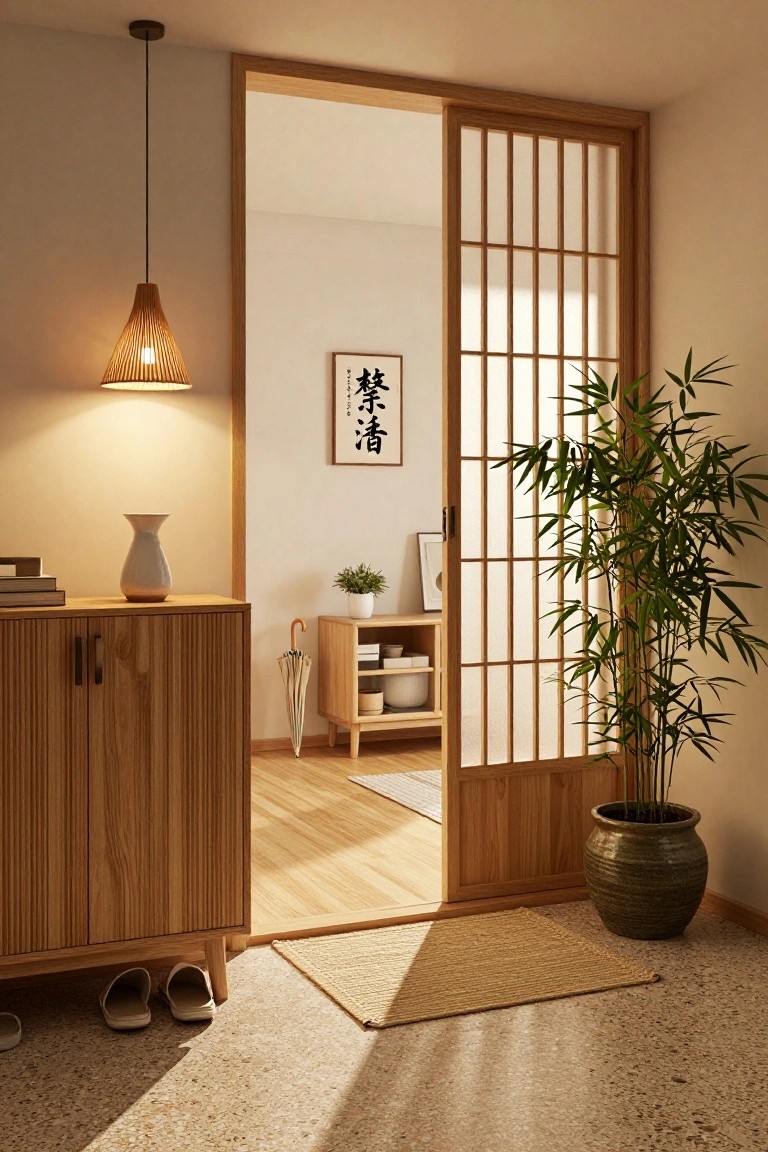 Modern Japandi interior with a hanging woven rattan pendant light near open wooden shoji sliding doors, a tall bamboo plant in a ceramic pot, wooden cabinet with books and vase, umbrella stand, small shelf, and slippers on the floor.