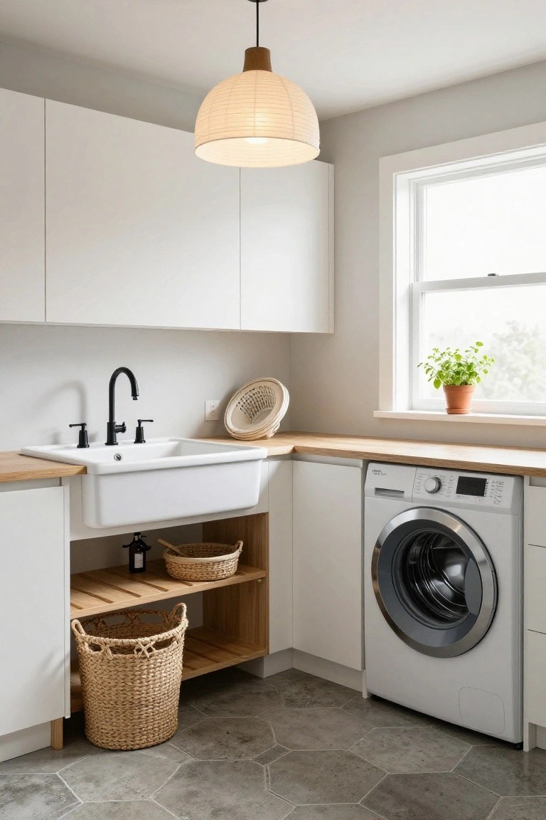 Modern laundry room interior with white cabinets, oak countertop, white farmhouse sink with black faucet, white front-loading washer, woven rattan pendant light overhead, wicker baskets, and hexagonal gray floor tiles.