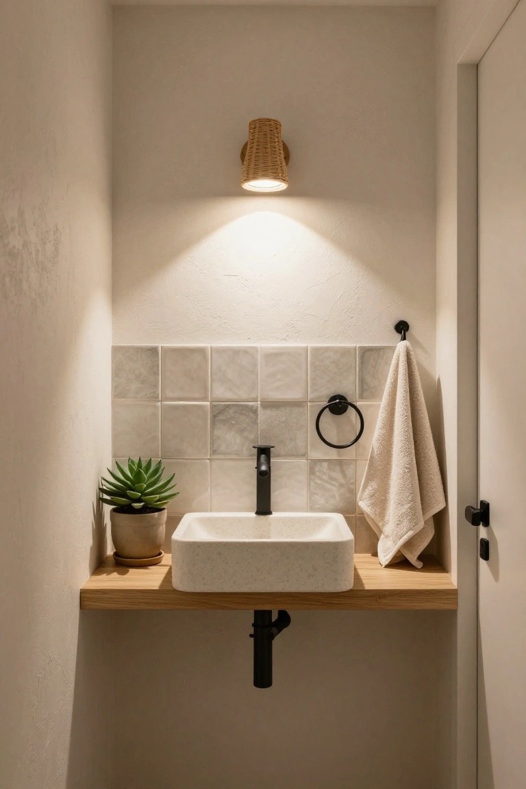 Small bathroom vanity with floating wooden shelf, white vessel sink, black faucet, potted succulent plant, beige towel on hook and ring, woven wall sconce, and white tiled backsplash.