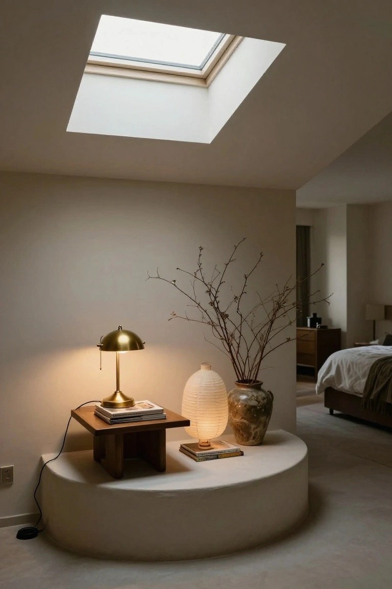 Curved white plinth in a bedroom corner supporting a wooden side table with brass banker's lamp, stacked books, paper lantern, and ceramic vase next to dried branches, with bed and dresser visible through doorway and skylight overhead.