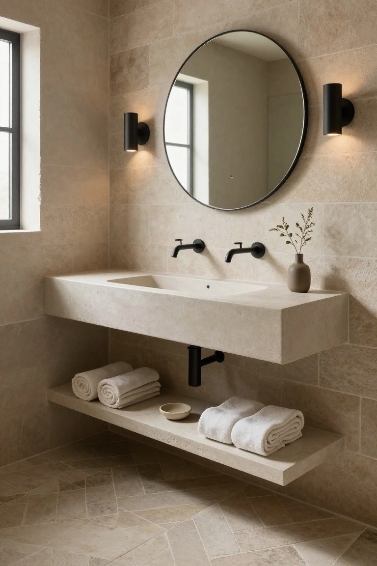 Beige stone-tiled bathroom with floating white stone vanity and black wall-mounted faucets below a large round black-framed mirror flanked by two black cylinder wall sconces, rolled white towels on a shelf underneath, small vase with greenery on vanity, and herringbone floor tiles.