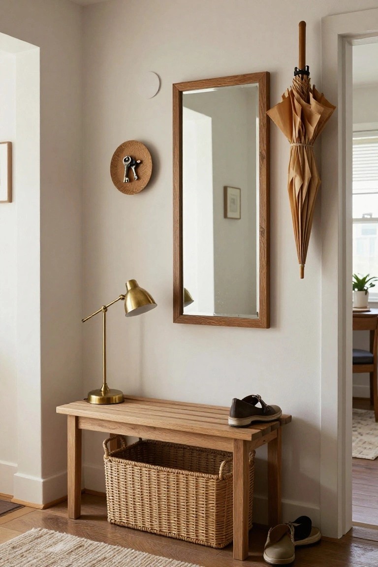 Light entryway corner with wooden bench holding wicker basket, brass adjustable desk lamp, tall rectangular mirror on wall, umbrella hanger, wall art, and shoes on floor and bench.