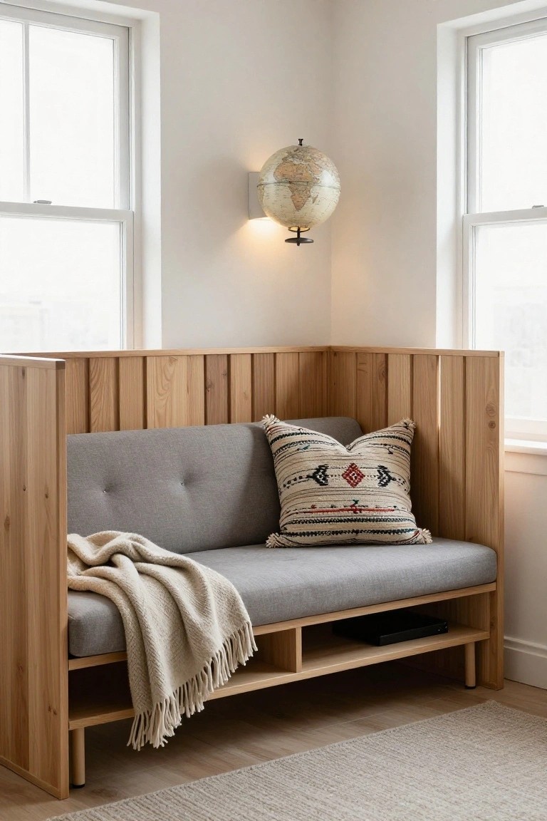 Corner built-in wooden bench with gray tufted seat cushion, cream knit throw blanket draped over it, patterned woven pillow, open shelf below holding a black device, beside two large windows, and brass globe wall lamp mounted nearby.