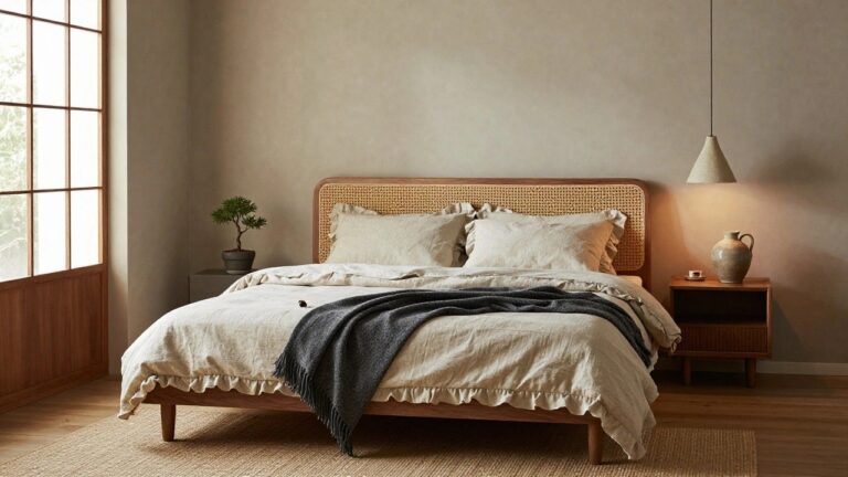 Bedroom with low wooden platform bed featuring rattan headboard and beige linen bedding with gray throw, wooden nightstand holding terracotta vase, textured pendant lamp hanging from ceiling, and bonsai plant on windowsill next to blinds.