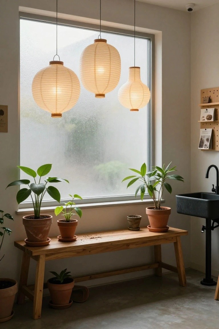 Interior room featuring three hanging paper lanterns near a large frosted window, potted plants on a wooden bench, and a black sink with plants nearby.