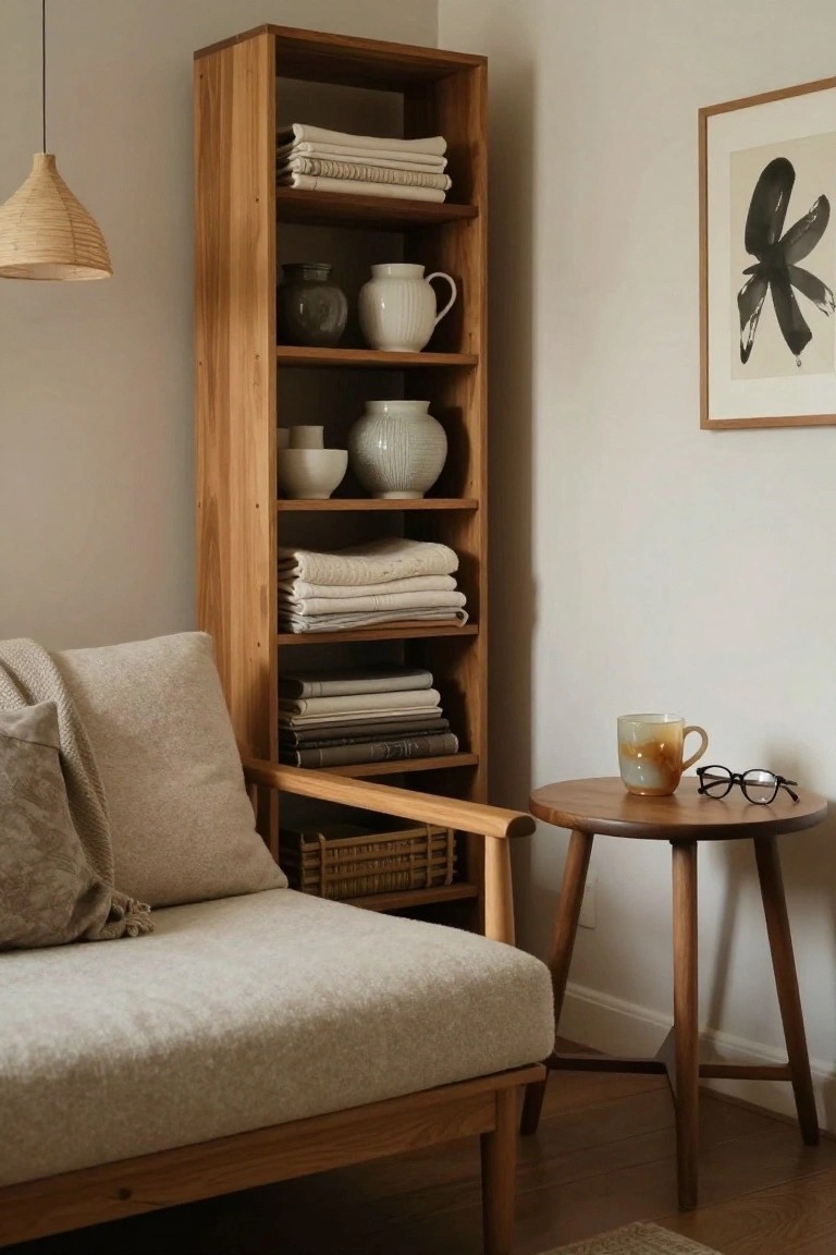 Cozy indoor corner with tall wooden bookshelf stocked with ceramics, folded linens, and books, next to a low wooden sofa with cream cushions and pillows, a small wooden side table with a mug of tea and eyeglasses, and a hanging conical rattan pendant lamp against a white wall.