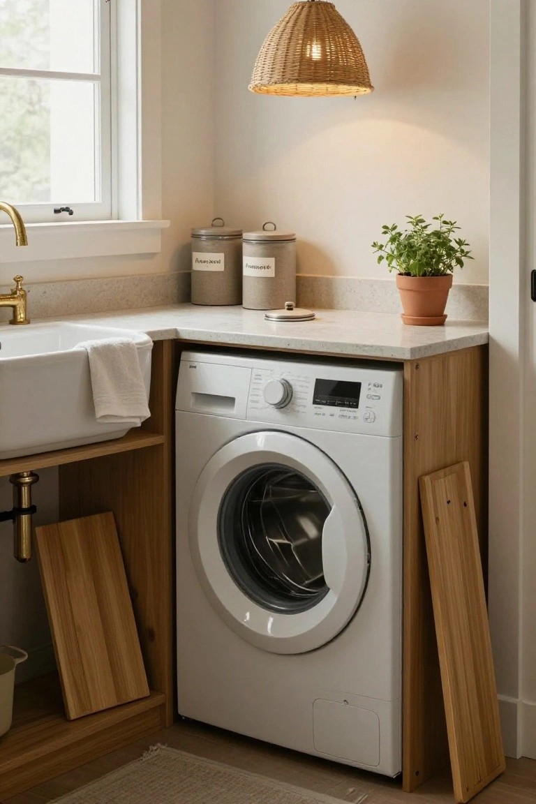 Laundry corner with white front-loading washer integrated into wooden cabinets under a quartz countertop, white farmhouse sink with gold faucet, rattan pendant lamp overhead, potted herb plant, and wooden elements nearby.
