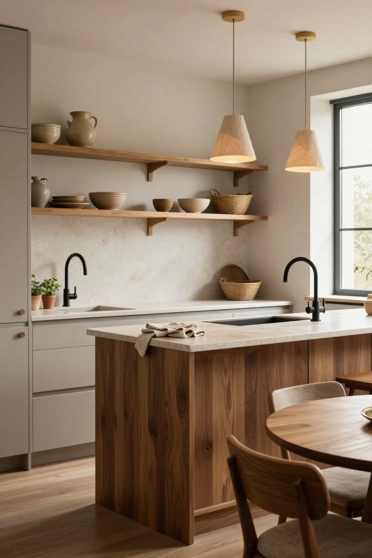 A Japandi-style kitchen featuring a wooden island with beige cabinets, open oak shelves holding ceramic pottery and baskets, white subway tile backsplash, black matte faucets at the sink, two conical fabric pendant lights hanging above the island, and a round wooden dining table with upholstered chairs nearby.