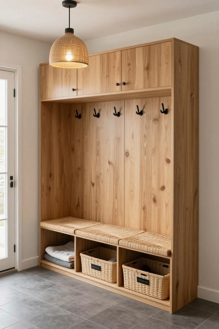Wooden built-in mudroom cabinetry with upper cabinets, hooks, lower bench seating, and woven baskets, lit by a rattan pendant light near a door and window.