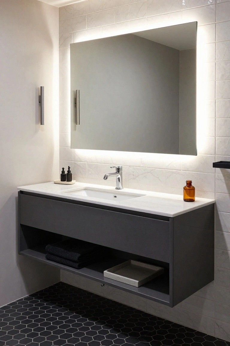 Modern small bathroom with floating gray vanity, white sink and countertop, large rectangular mirror with white LED edge lighting, two slim vertical wall sconces, white subway tiles on walls, and black hexagon tiles on floor.