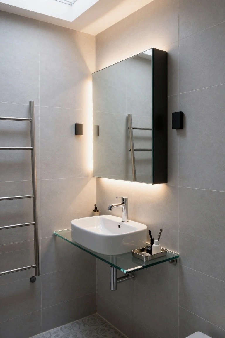 Small modern bathroom with grey tiled walls, backlit rectangular mirror cabinet above a white wall-mounted sink on glass shelf, stainless steel towel rail, and subtle floor tiles.