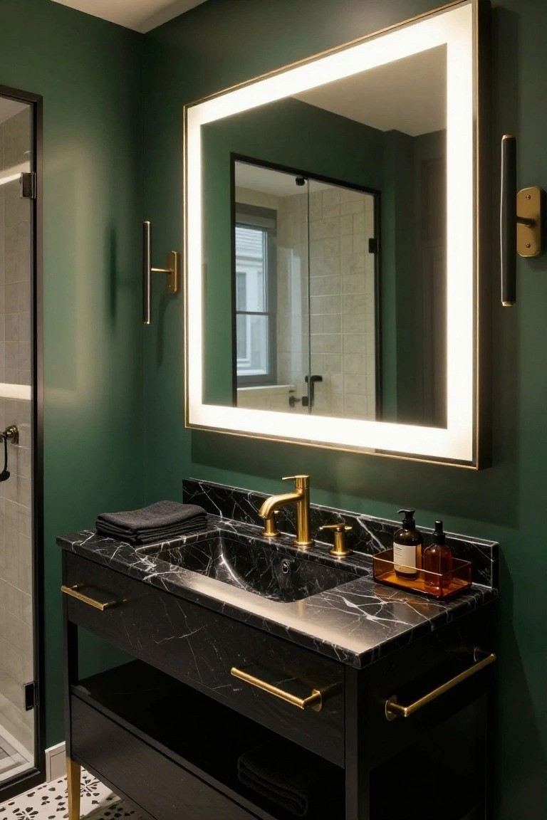 A small bathroom with dark green walls, black marble vanity cabinet with gold handles and faucet, rectangular mirror with LED backlighting above the sink, and glass shower enclosure nearby.