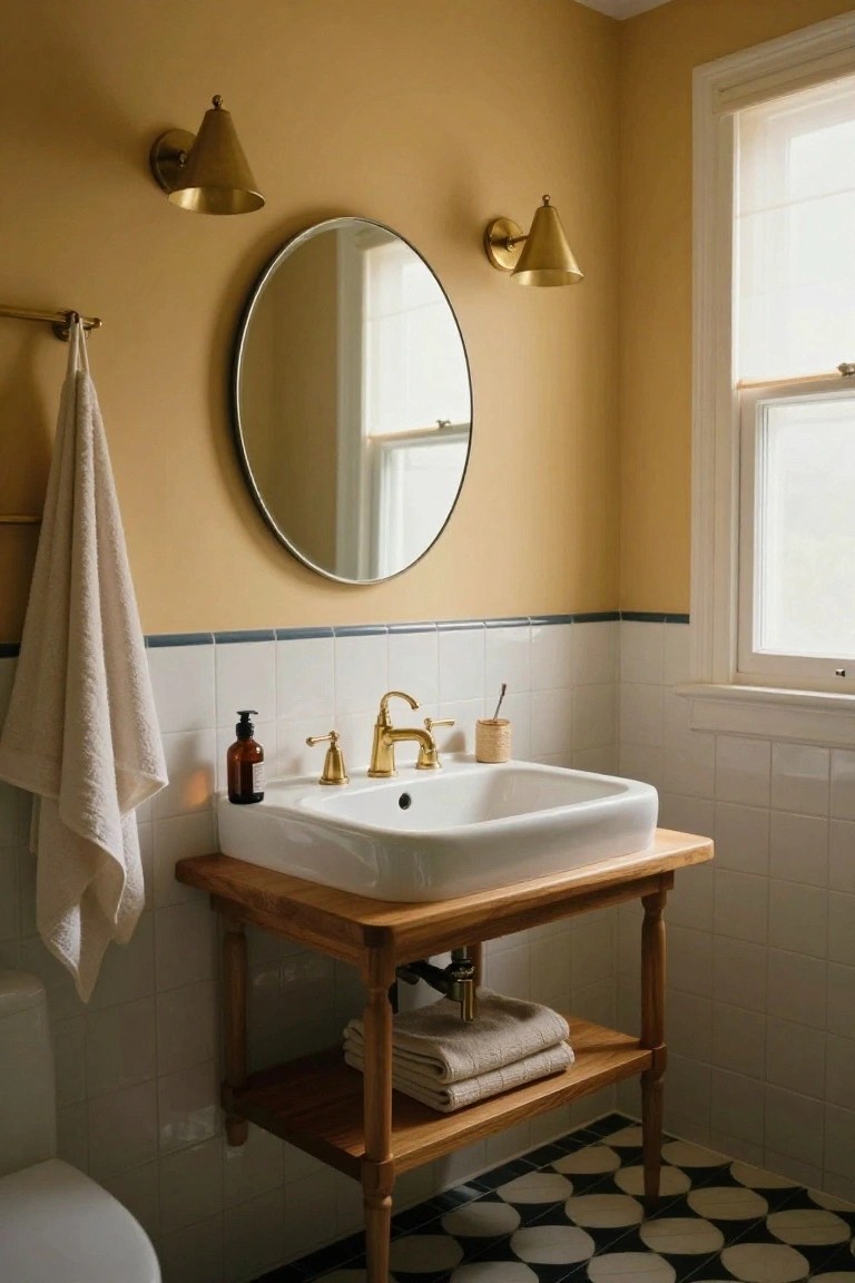 Small bathroom with mustard yellow walls, white subway tile, wooden vanity holding white sink, round mirror flanked by two brass cone wall sconces, hanging towels, soap dispenser, toilet, and black-and-white checkered floor.