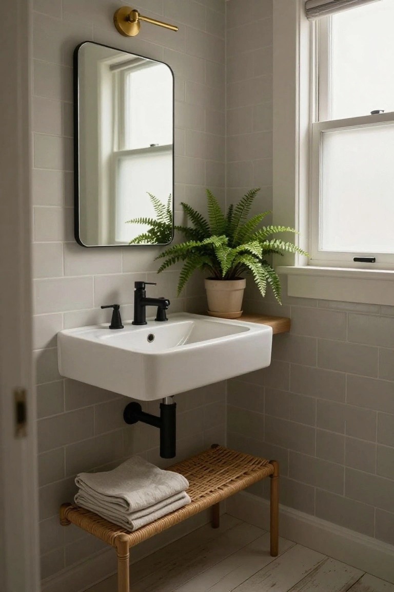 Small bathroom with gray subway tile walls, wall-mounted white sink and black faucet, slim black-framed rectangular mirror, brass wall sconce light, potted fern plant on wooden shelf, and rattan stool holding folded white towels.
